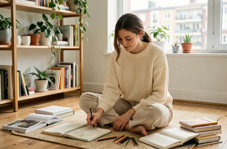 Femme assise sur le sol de son salon, dessinant dans un carnet entouré de livres et crayons de couleur, activité créative à la maison
