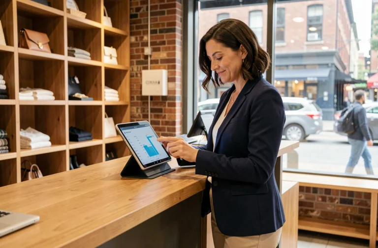 Femme entrepreneur analysant la rentabilité de son magasin de détail sur une tablette derrière le comptoir d'une boutique moderne