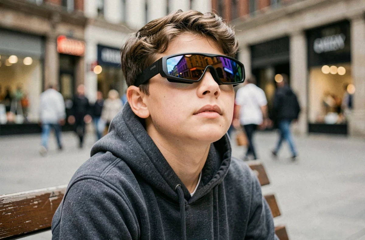 Adolescent portant des lunettes de réalité augmentée dans un espace urbain, symbolisant l'adoption grand public de la RA