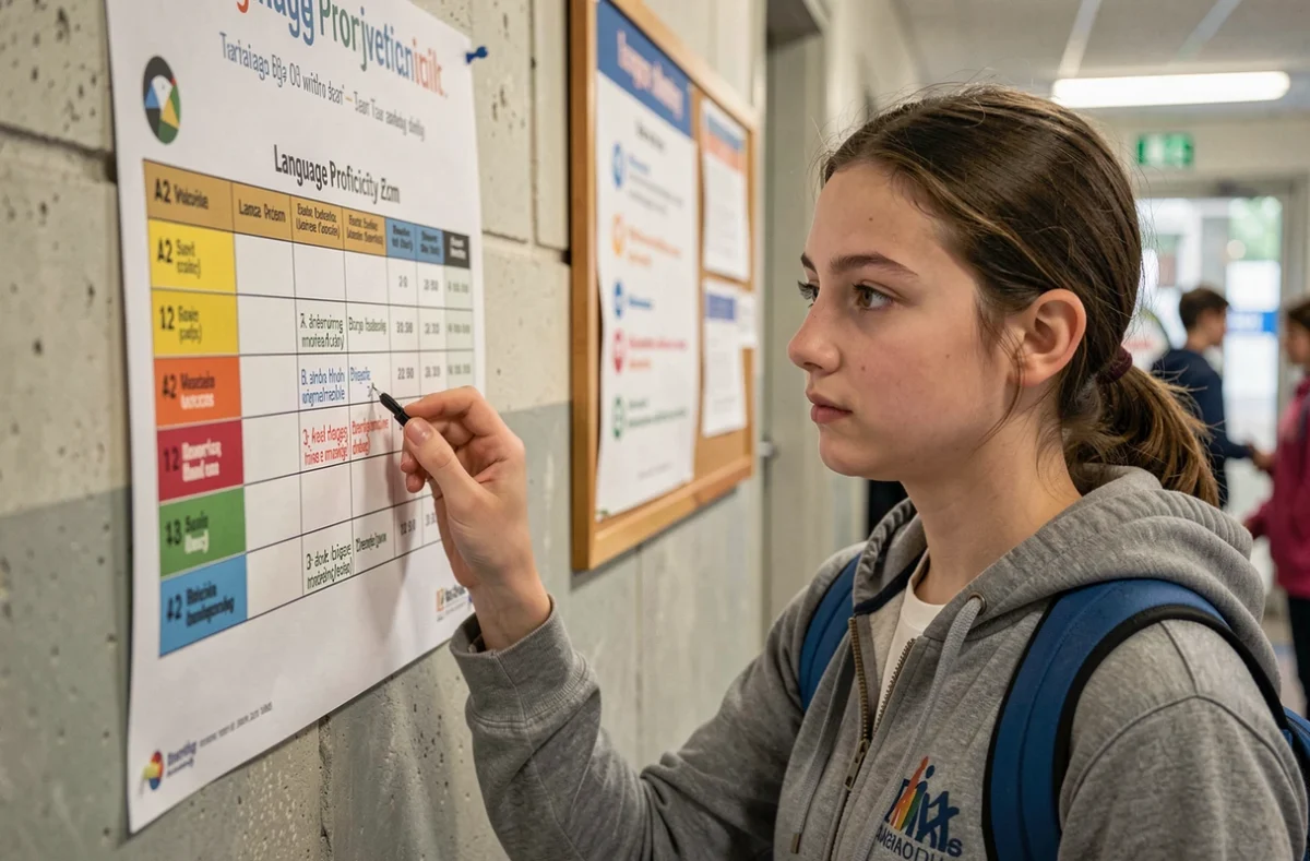 Adolescente lisant une affiche sur les niveaux de langue incluant le niveau A2 dans un couloir scolaire
