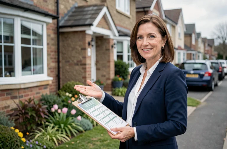 Agent immobilier femme devant une maison résidentielle tenant des fiches de prospection immobilière