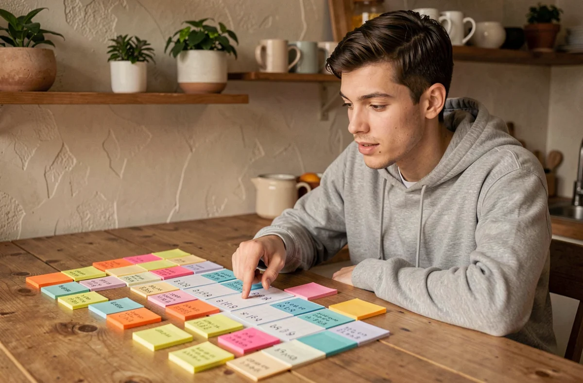 Jeune homme analysant un ensemble de données pour trouver la valeur mode sur une table en bois