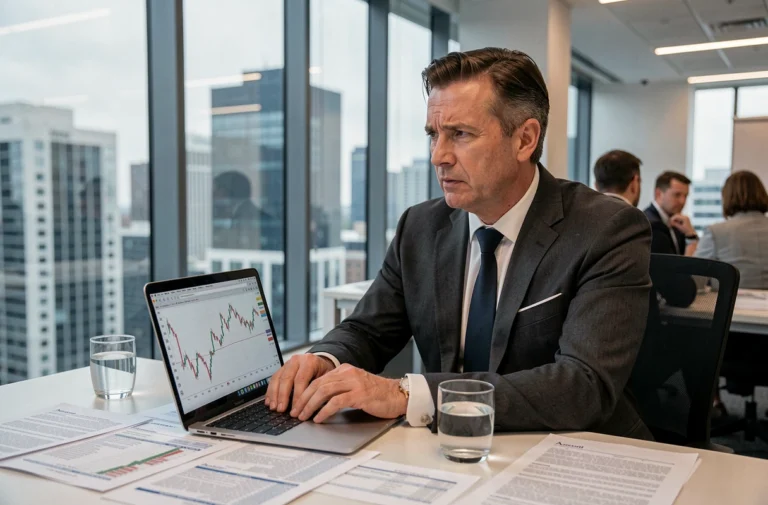 Analyste financier en costume gris scrutant des graphiques boursiers sur un écran d'ordinateur dans un bureau moderne avec vue sur la ville
