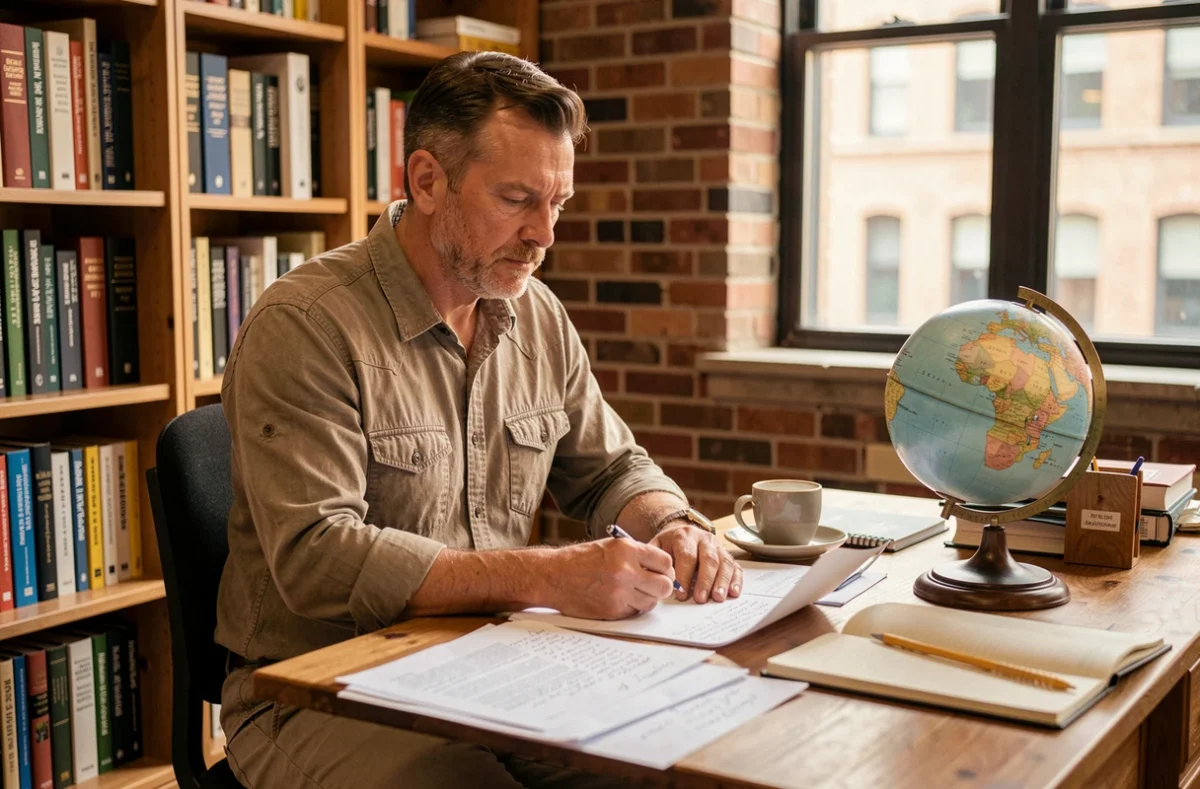 Analyste stratégique étudiant des documents sur les domaines des stratégies mondiales dans un bureau avec globe terrestre