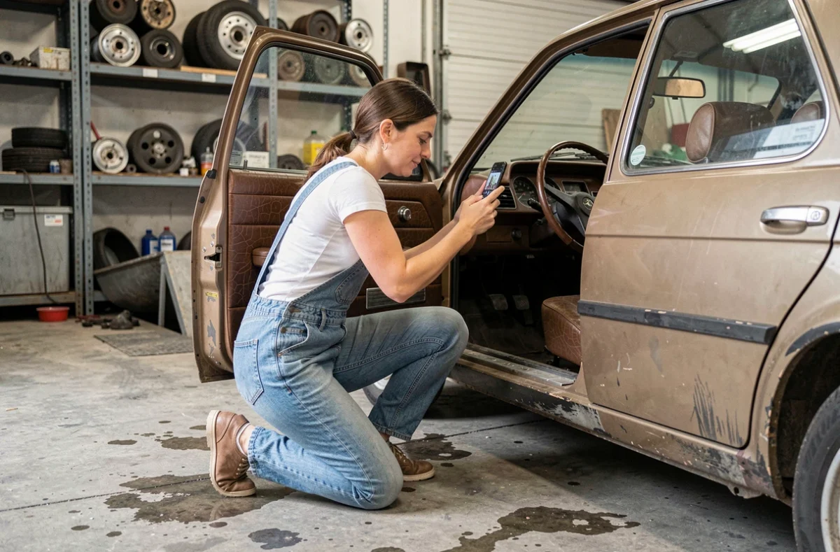 Femme photographiant l'intérieur d'une vieille voiture pour une annonce en ligne dans un garage