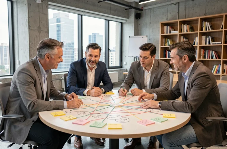 Groupe de professionnels analysant un schéma systémique interconnecté autour d'une table de travail collaborative