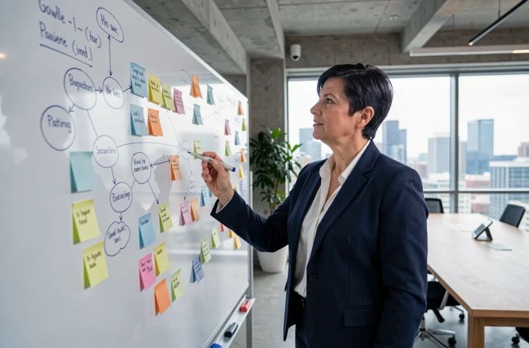 Femme manager debout devant un tableau blanc couvert de schémas systémiques lors d'une session de transformation numérique en entreprise