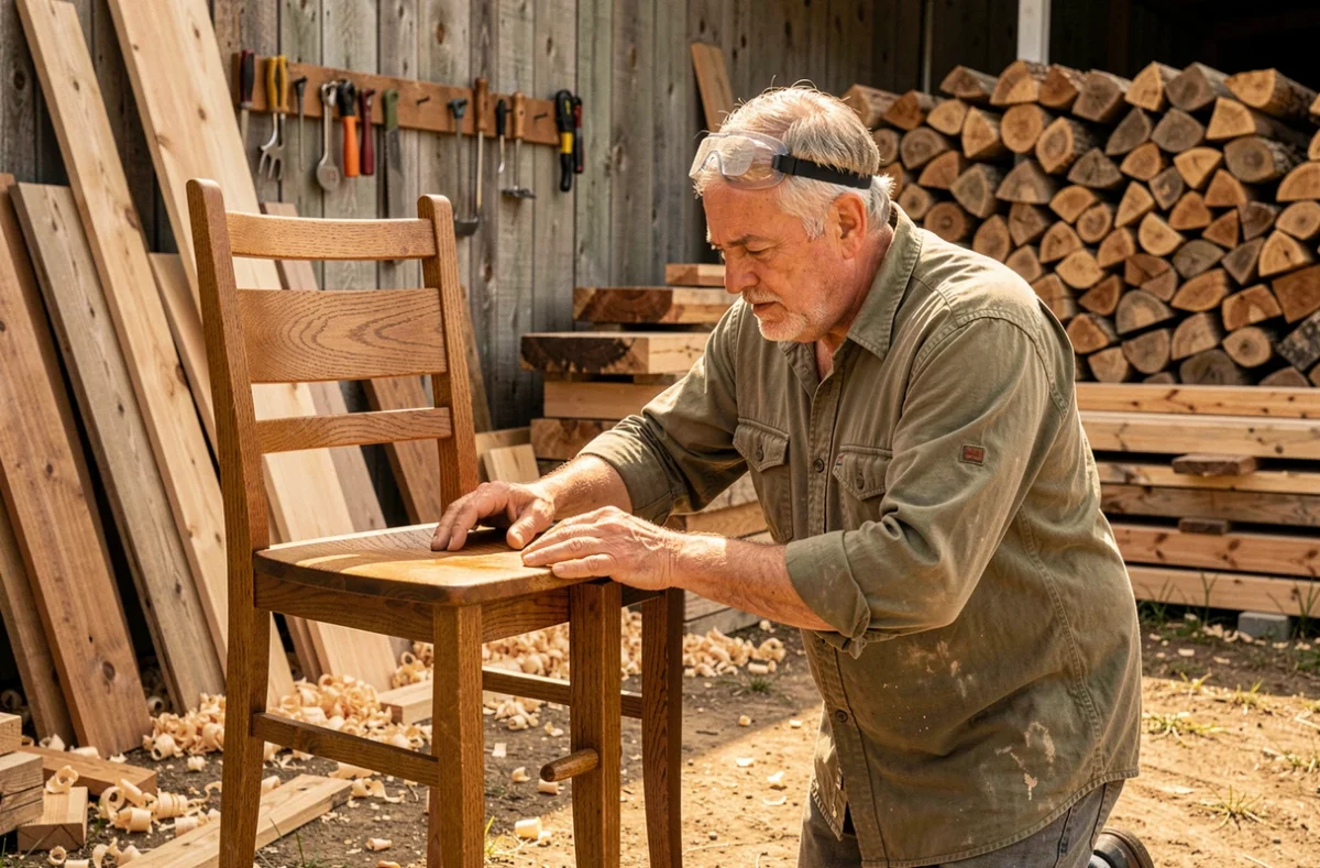 Artisan menuisier inspectant une chaise en chêne fabriquée à la main dans une cour de travail rustique en plein air