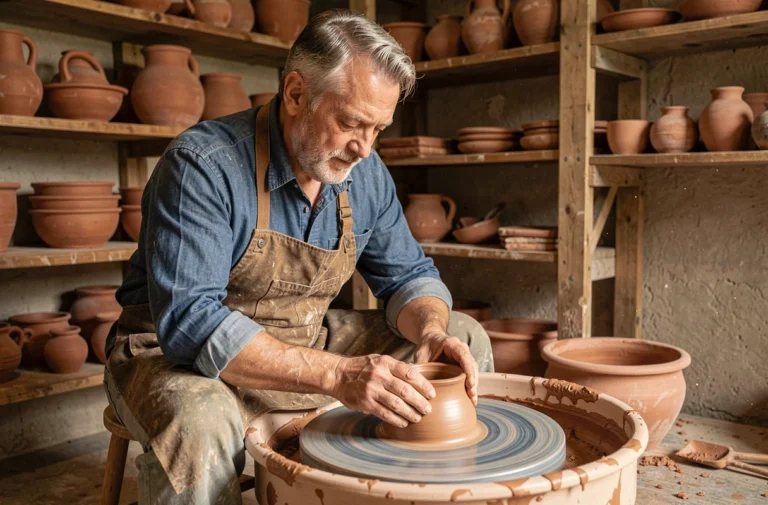 Artisan potier façonnant un vase en argile sur un tour de poterie dans un atelier traditionnel en bois