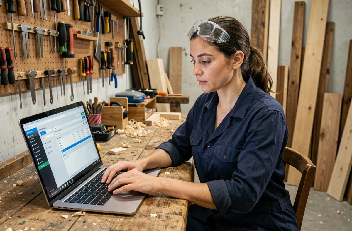 Artisane menuisière calculant son taux horaire sur un ordinateur portable dans son atelier de travail du bois