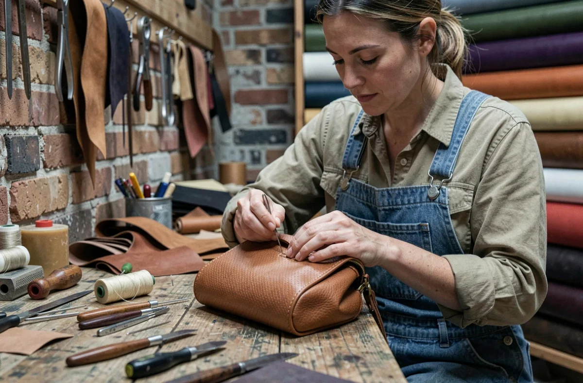 Artisane maroquinière cousant à la main un sac en cuir dans un atelier urbain avec outils et matières premières