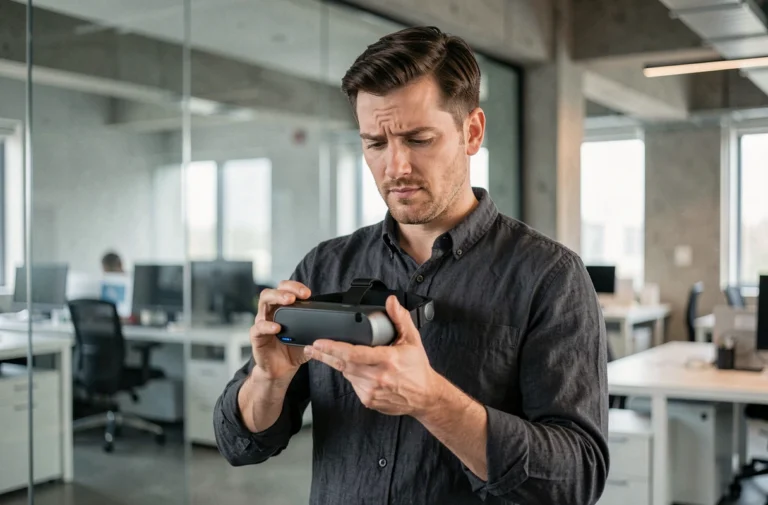 Homme tenant un casque de réalité augmentée dans un bureau technologique moderne, illustrant le futur incertain de la RA