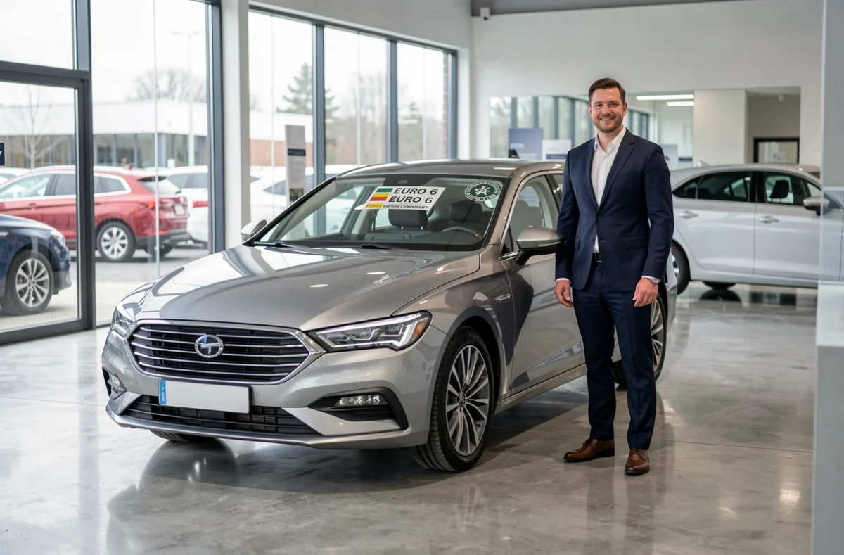 Vendeur automobile présentant une berline conforme à la norme Euro 6 dans un showroom moderne