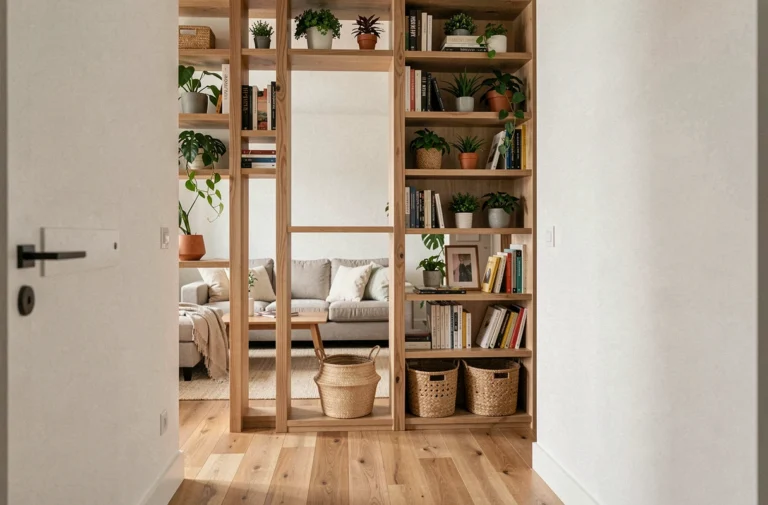 Grande bibliothèque en bois servant de séparation entre une entrée et un salon ouvert dans un intérieur moderne