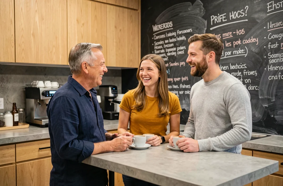 Groupe de collègues souriants en pause café dans une salle de repos moderne, symbolisant la cohésion d'équipe et le bien-être au travail