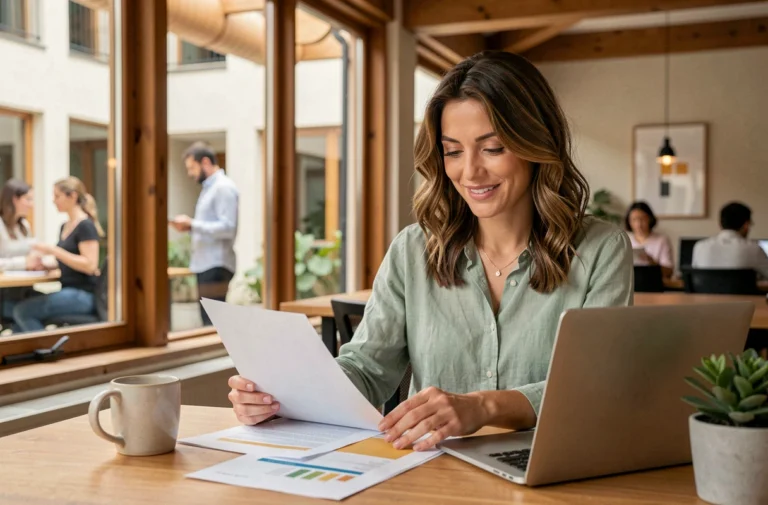 Femme souriante travaillant sereinement à son bureau dans un open space moderne avec plante verte et mug, illustrant le bien-être au travail
