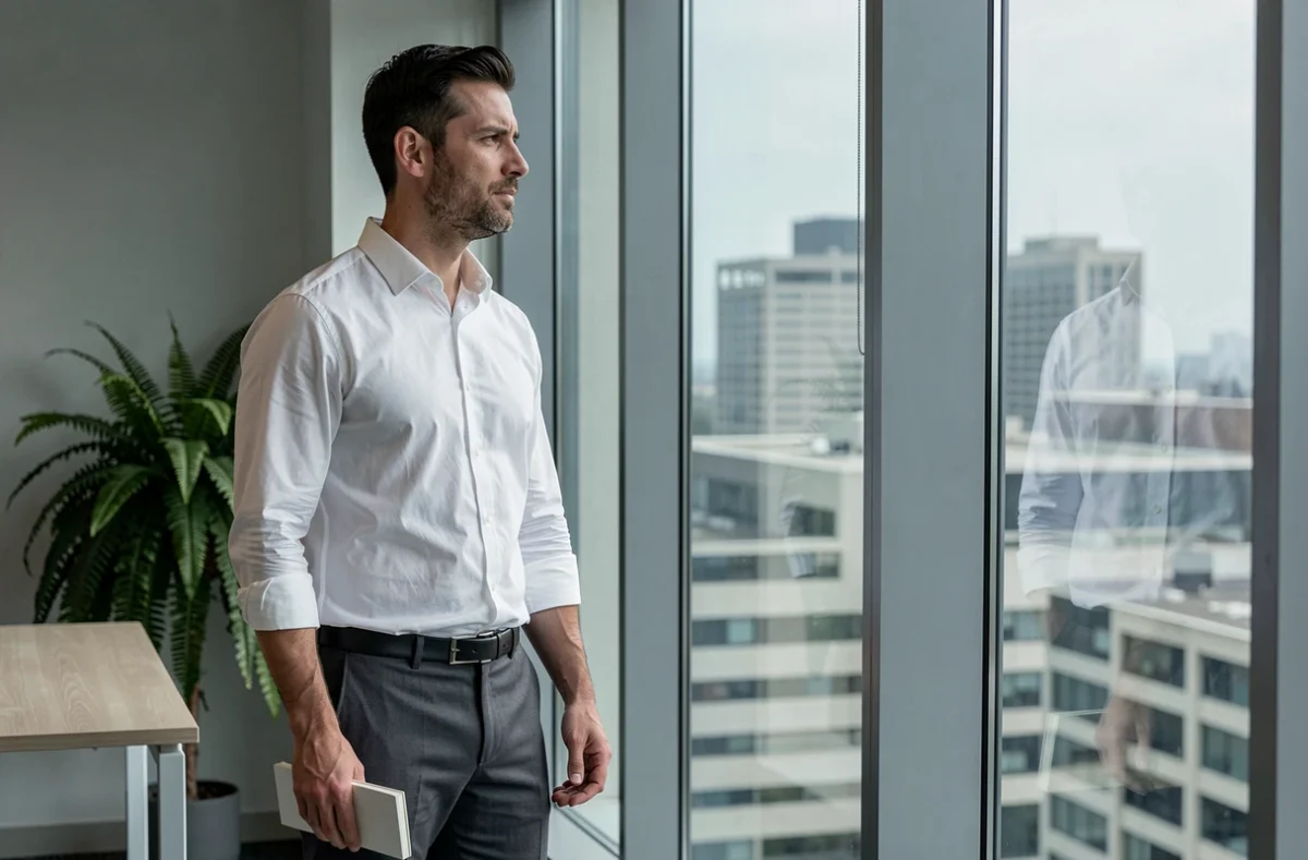 Homme pensif debout près d'une grande fenêtre dans un bureau moderne, illustrant la pleine conscience et la gestion du bien-être au travail