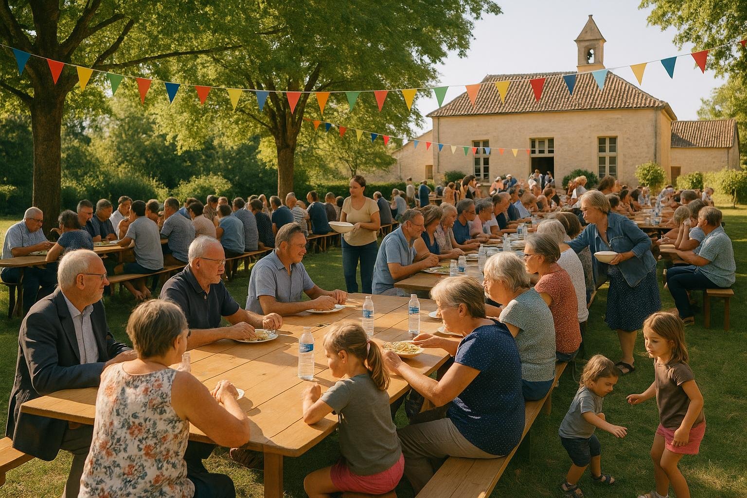 Des habitants de tous âges réunis autour de longues tables en bois dans un pré, un après-midi de septembre