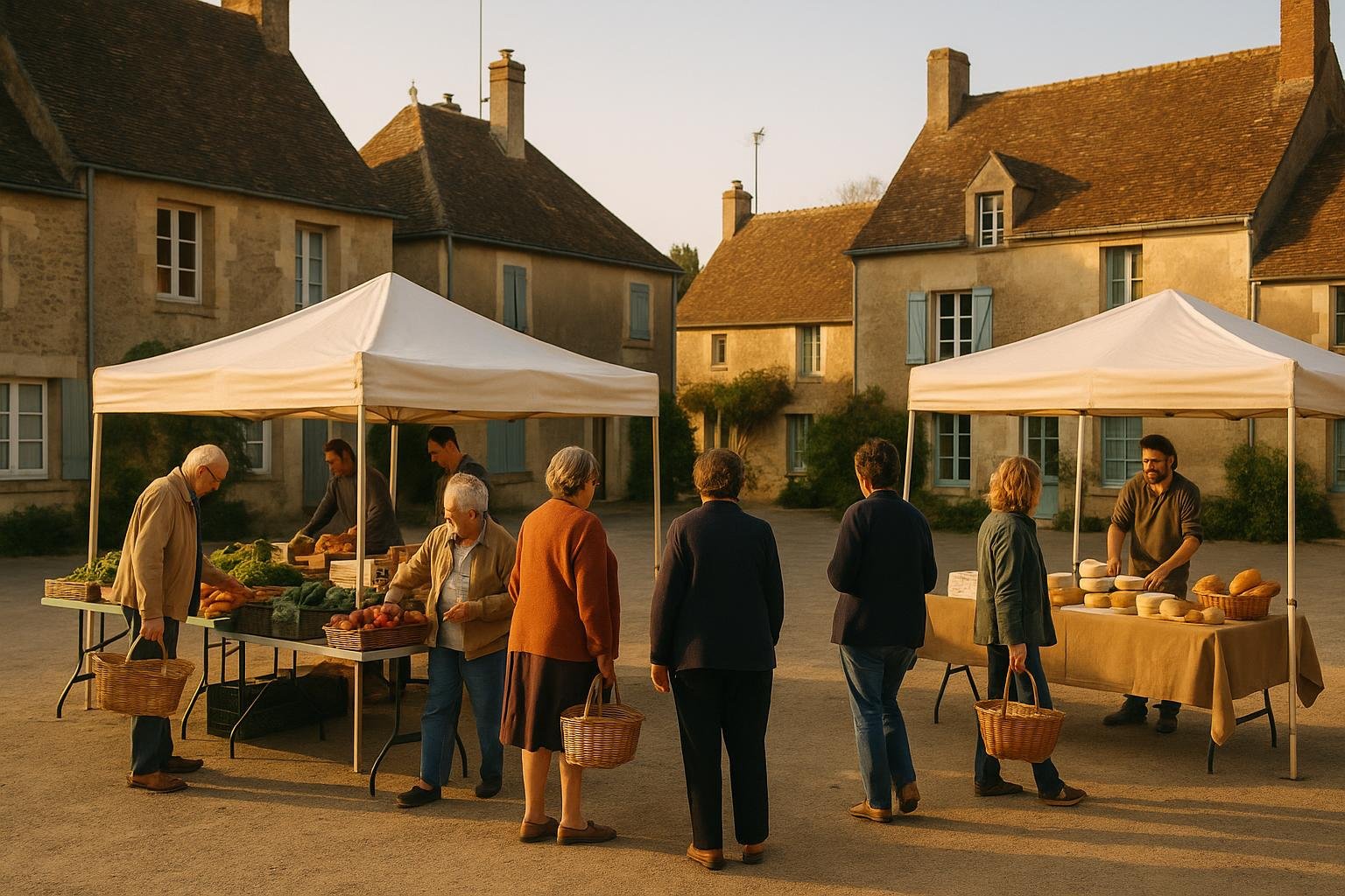 Quelques étals de légumes, de fruits et de fromages sur une place de village en fin d’après-midi
