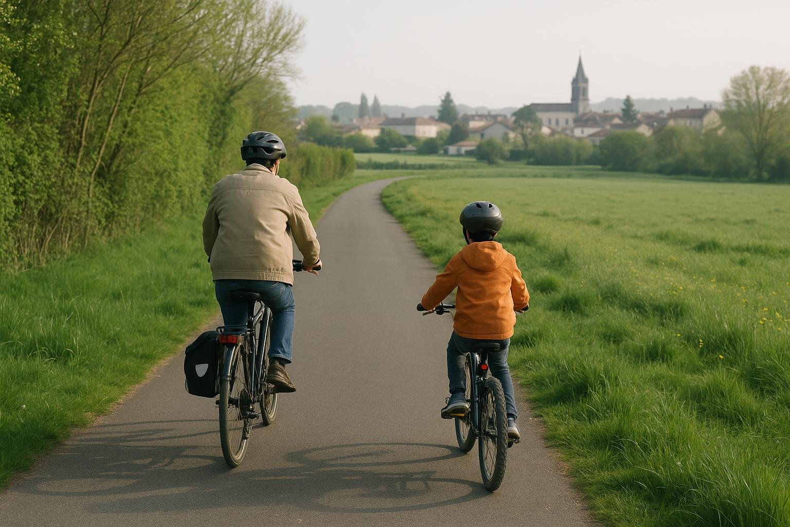 Un adulte et un enfant à vélo sur une voie verte entre haies et prairies