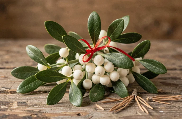 Bouquet de gui frais avec baies blanches et feuilles vertes attaché d'un ruban rouge sur une surface en bois rustique