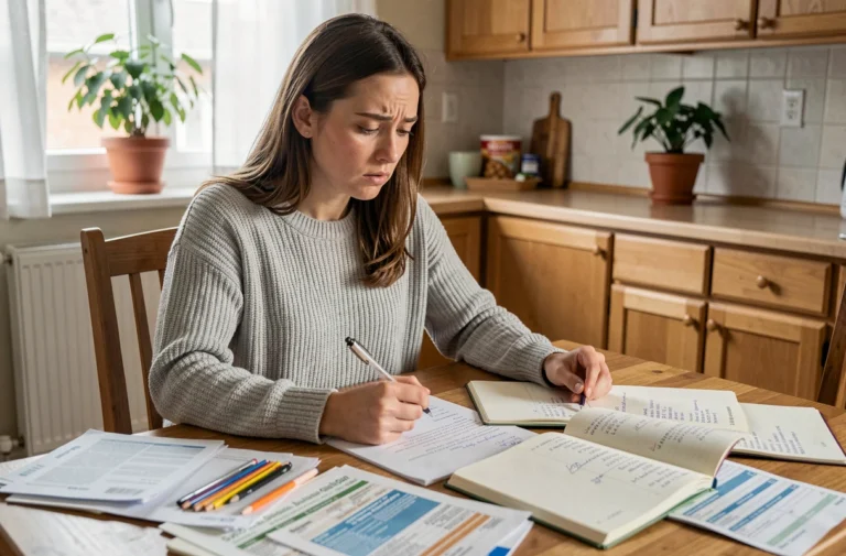 Mère de famille calculant le budget mensuel pour élever un enfant, entourée de factures et de notes manuscrites sur une table en bois