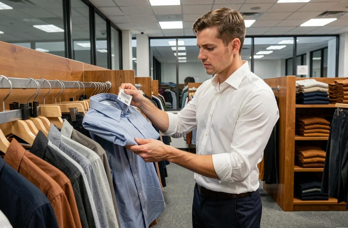 Homme examinant une étiquette de prix dans un magasin de vêtements pour gérer son budget mensuel