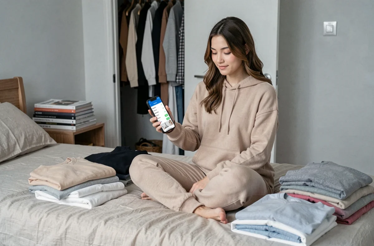 Jeune femme triant ses vêtements sur son lit et utilisant une application de gestion de budget mensuel