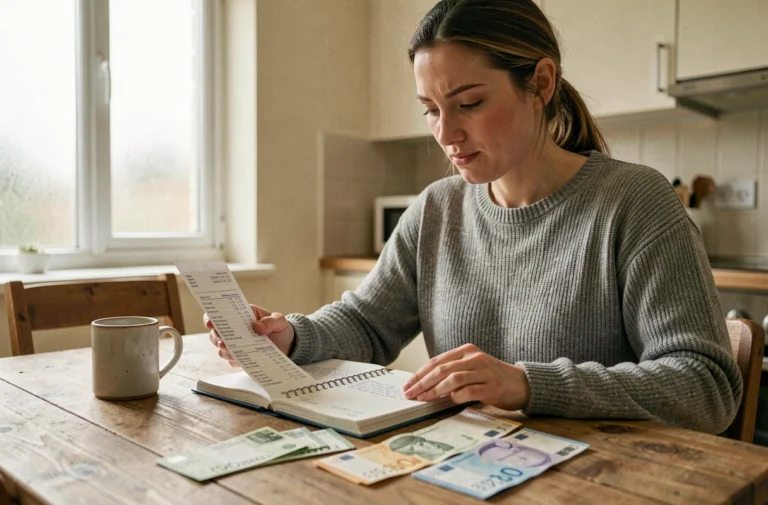 Femme consultant un budget vêtements avec des reçus et des billets en euros sur une table en bois
