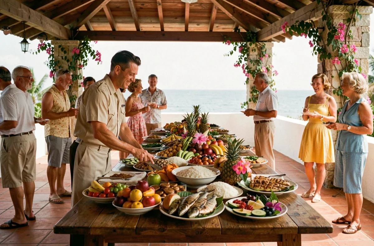 Buffet tropical en plein air d'un resort tout compris vintage années 1950 avec vue sur l'océan et service en terrasse