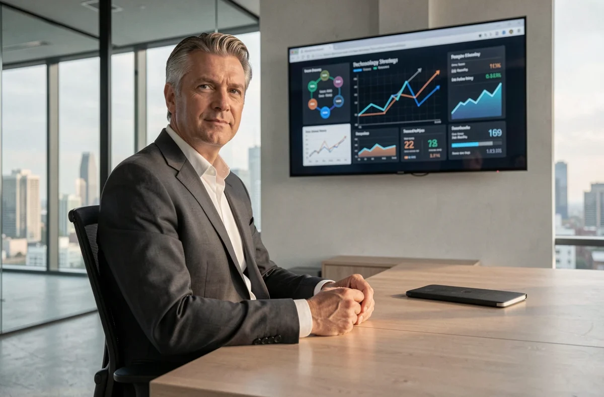 Cadre senior présentant une stratégie fintech dans une salle de réunion d'entreprise moderne