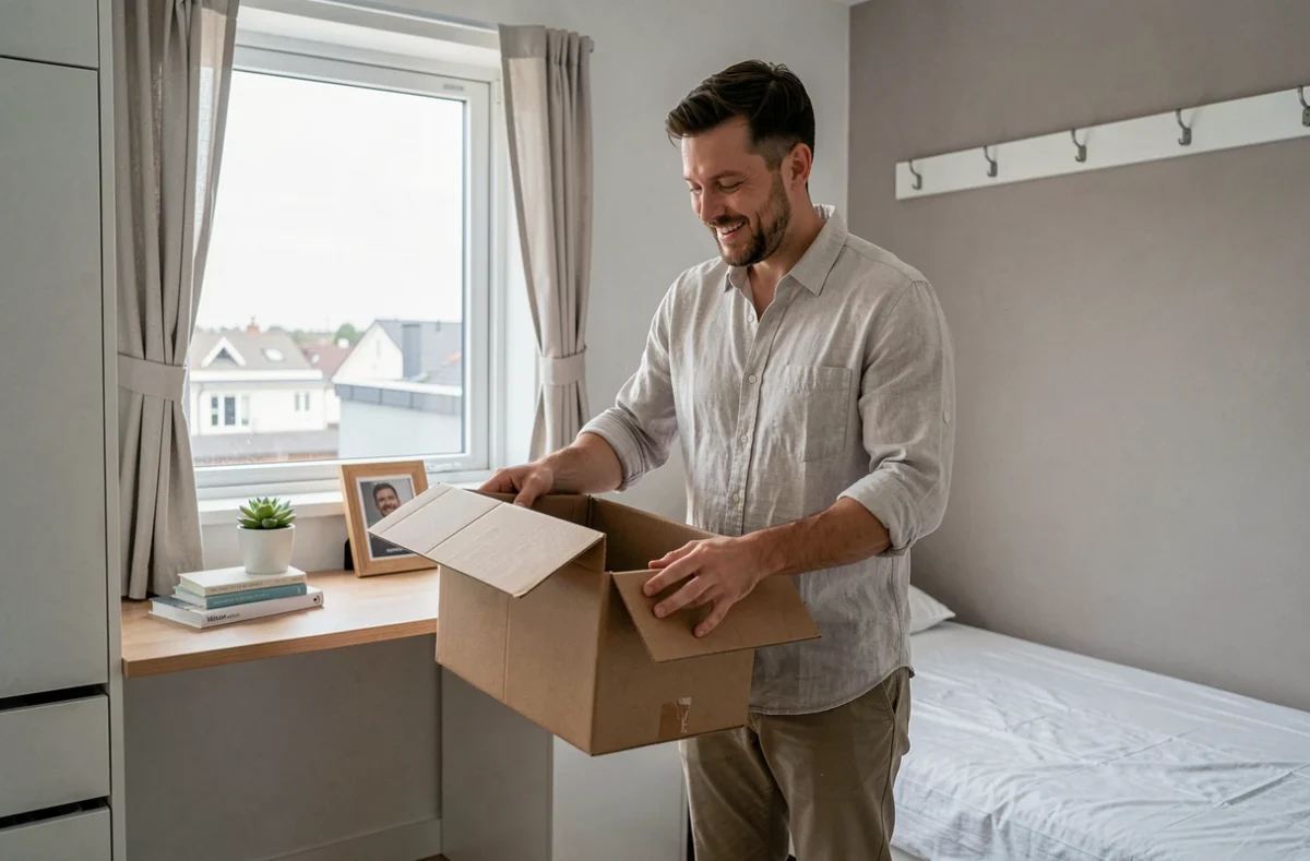 Jeune homme s'installant dans sa chambre privée au sein d'une résidence coliving