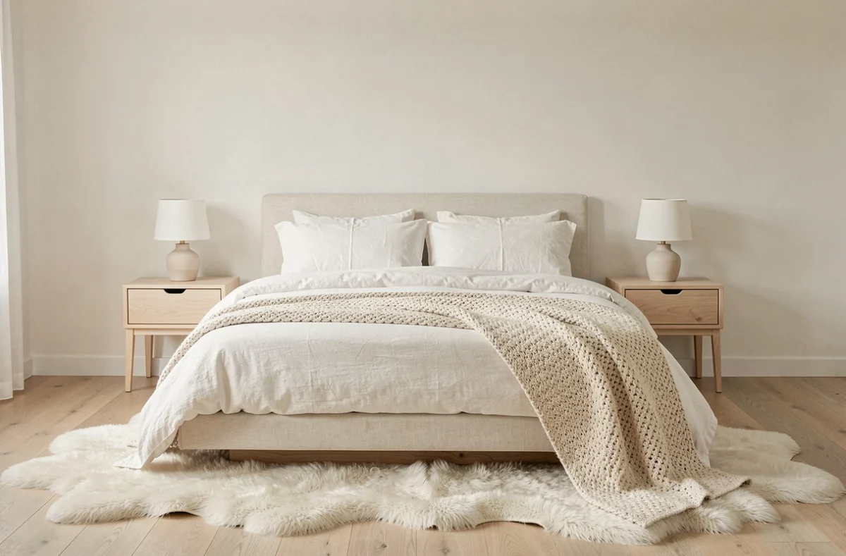 Chambre scandinave cosy avec literie en coton blanc, jeté en laine et mobilier en bouleau clair