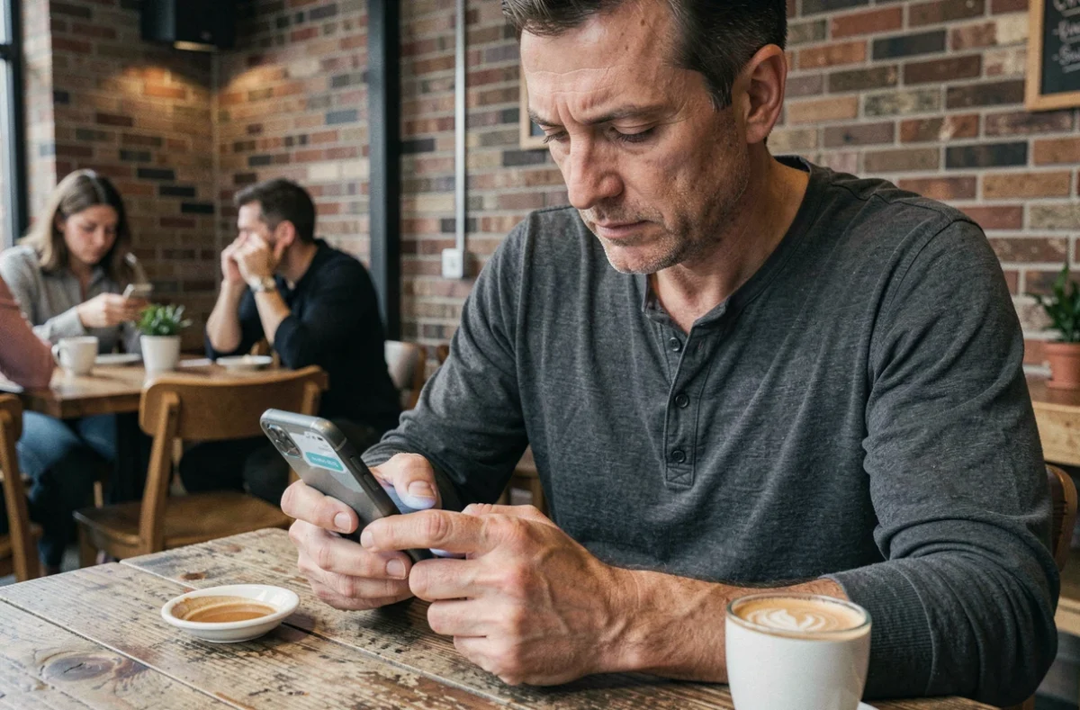 Homme utilisant un chatbot d'intelligence artificielle pour le service client sur son smartphone dans un café urbain