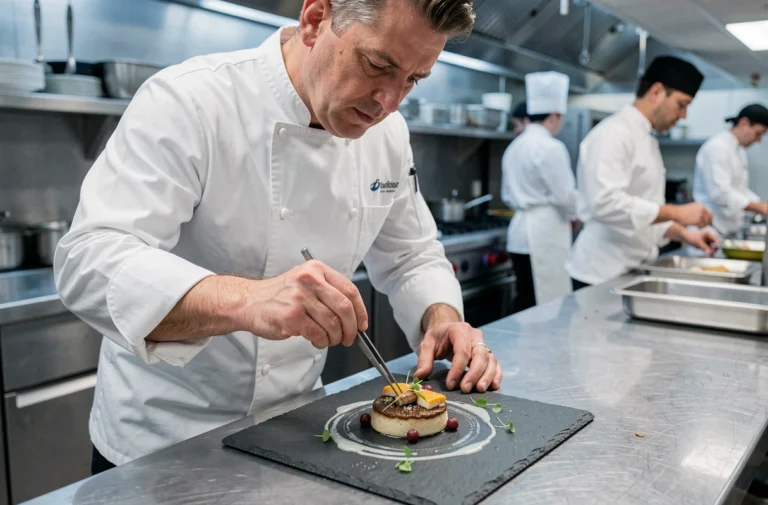 Chef professionnel en train de dresser un plat gastronomique élaboré dans une cuisine de restaurant haut de gamme