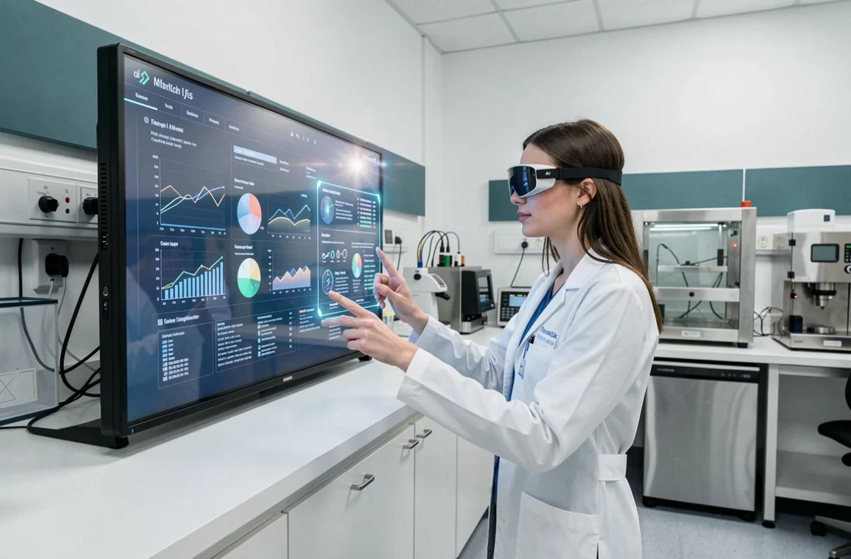 Chercheuse portant des lunettes de réalité augmentée dans un laboratoire high-tech, évoquant les applications professionnelles de la RA