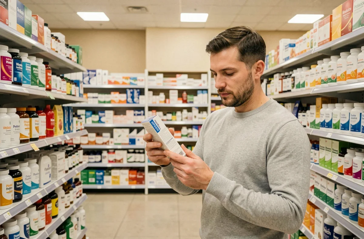 Homme choisissant un probiotique en pharmacie devant les rayons de compléments alimentaires
