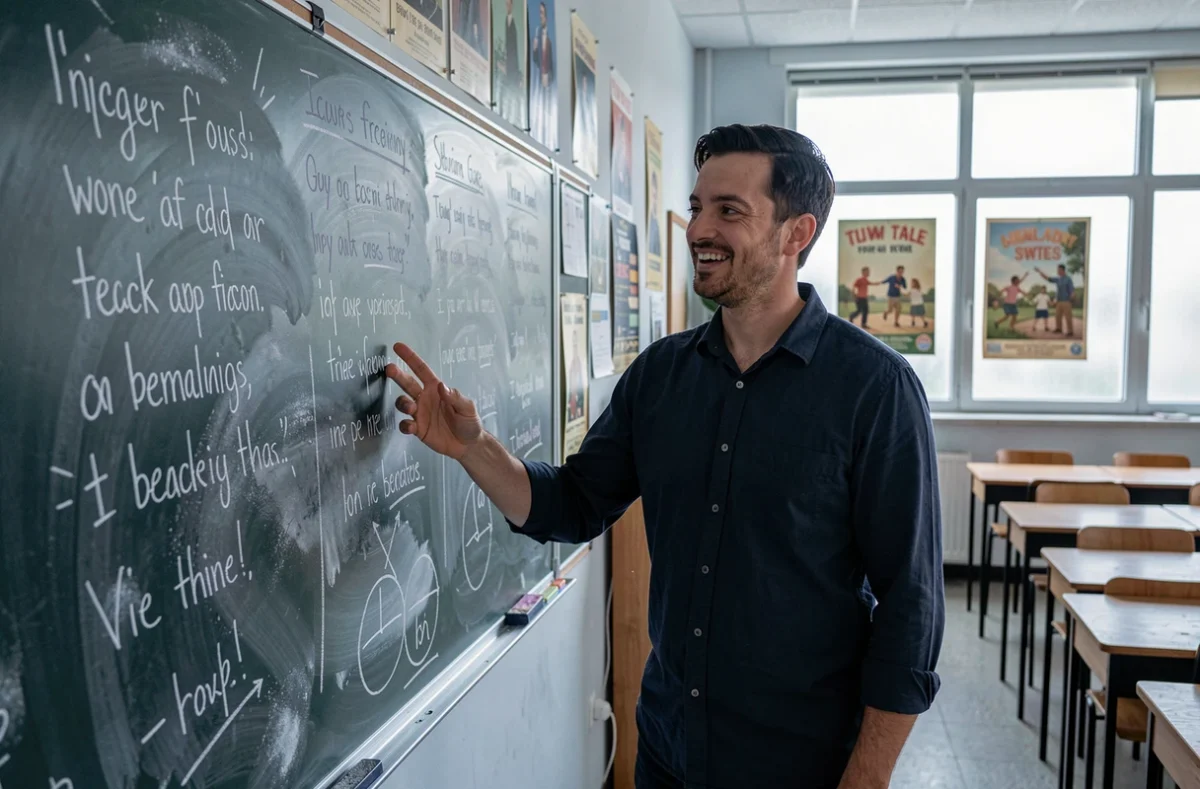 Enseignant passionné devant un tableau noir avec des citations sur l'éducation en classe