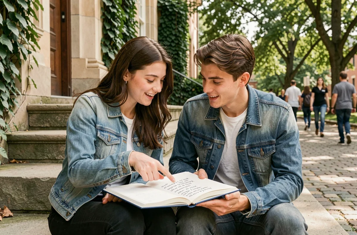 Deux étudiants discutant d'une citation inspirante sur l'éducation sur les marches d'un campus universitaire