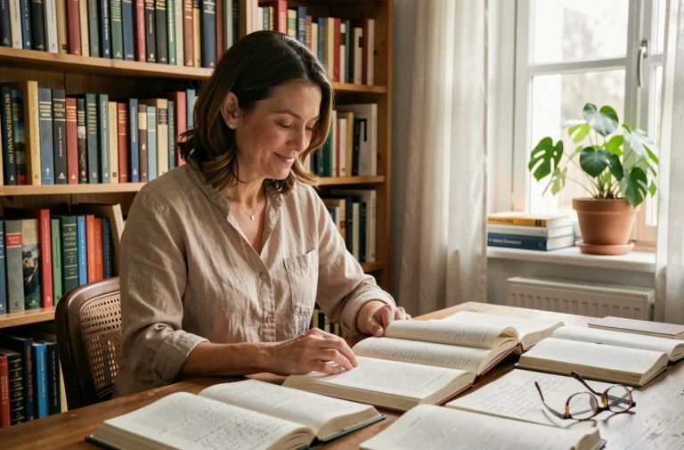 Femme enseignante lisant une citation inspirante sur l'éducation dans une bibliothèque chaleureuse