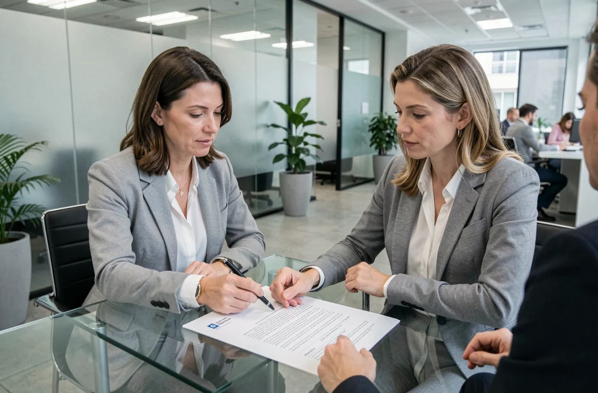 Cliente et conseiller bancaire examinent un document de levée d'hypothèque en agence
