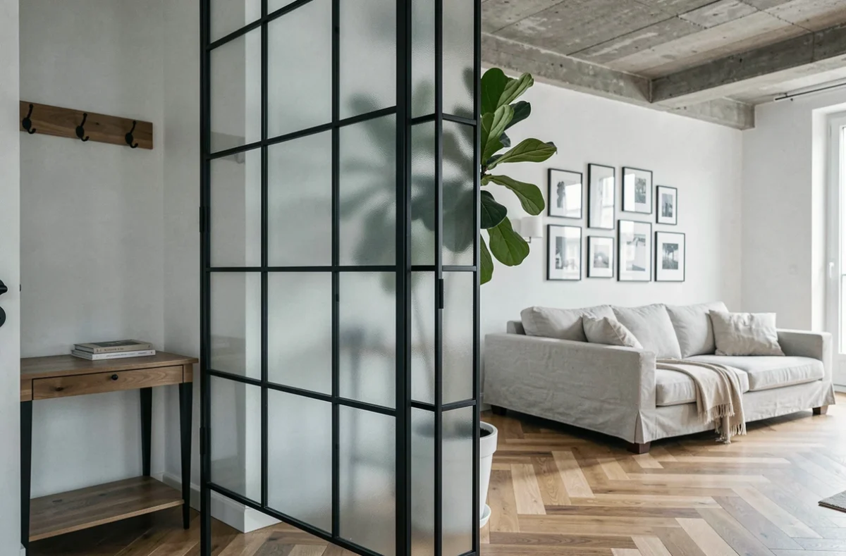 Cloison en verre dépoli et acier noir séparant une entrée étroite d'un salon lumineux dans un appartement parisien