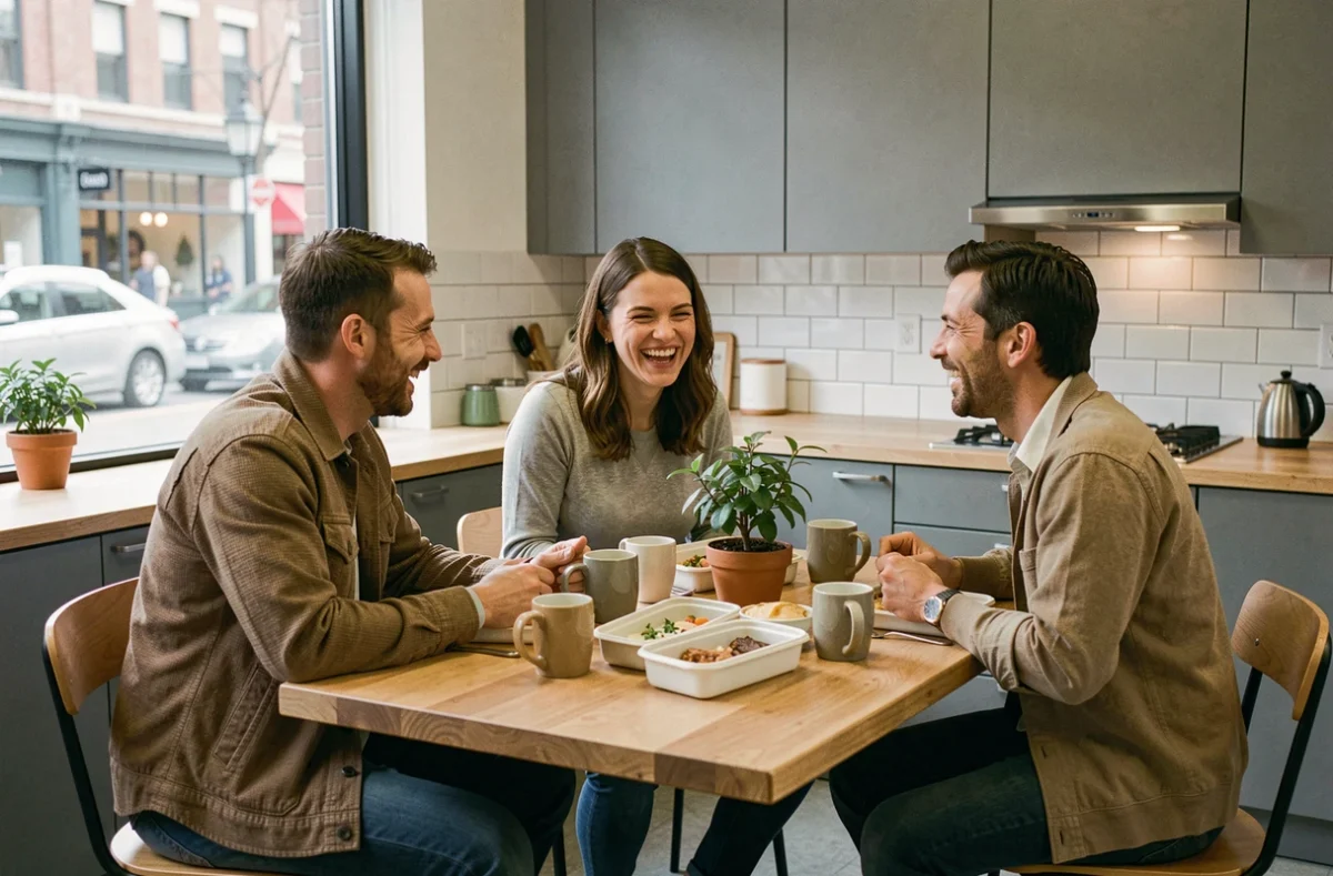Collègues partageant une pause déjeuner conviviale dans la cuisine d'un bureau moderne, symbole d'une bonne cohésion d'équipe et culture d'entreprise