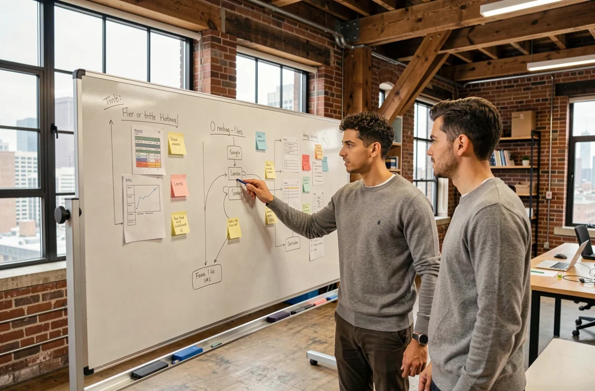 Deux collègues collaborant sur un tableau blanc dans un espace de travail fintech style loft