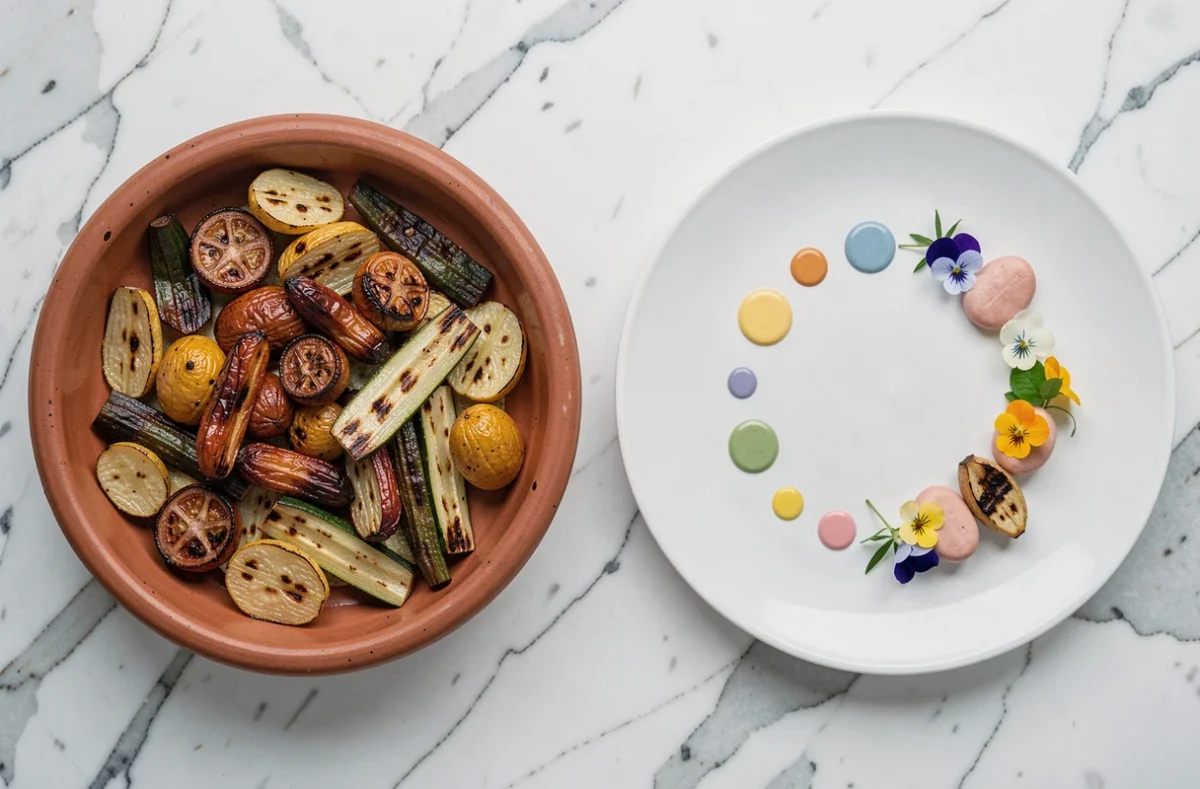 Comparaison visuelle entre cuisine maison et gastronomie raffinée, deux assiettes côte à côte sur marbre