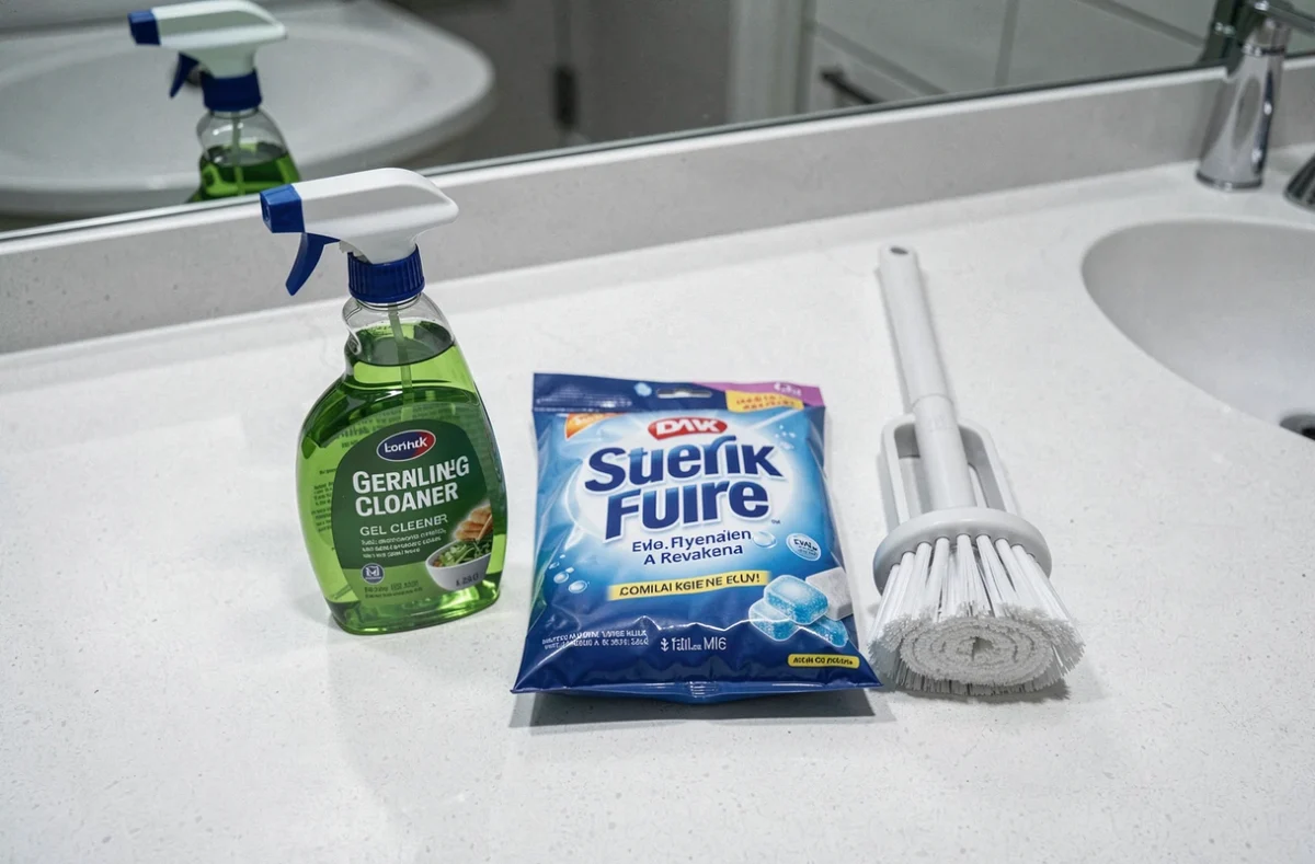 Comparatif de produits nettoyants pour toilettes disposés sur un comptoir de salle de bain en céramique blanche