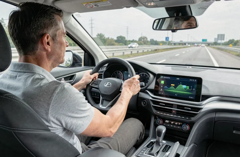 Conducteur au volant d'une voiture hybride sur autoroute, tableau de bord avec indicateur de flux d'énergie visible