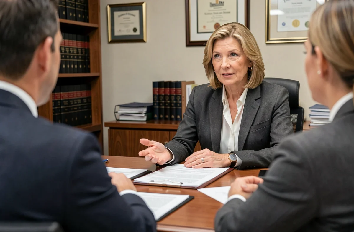 Conseillère juridique expliquant à des parents leurs obligations légales concernant les dettes de leur enfant majeur