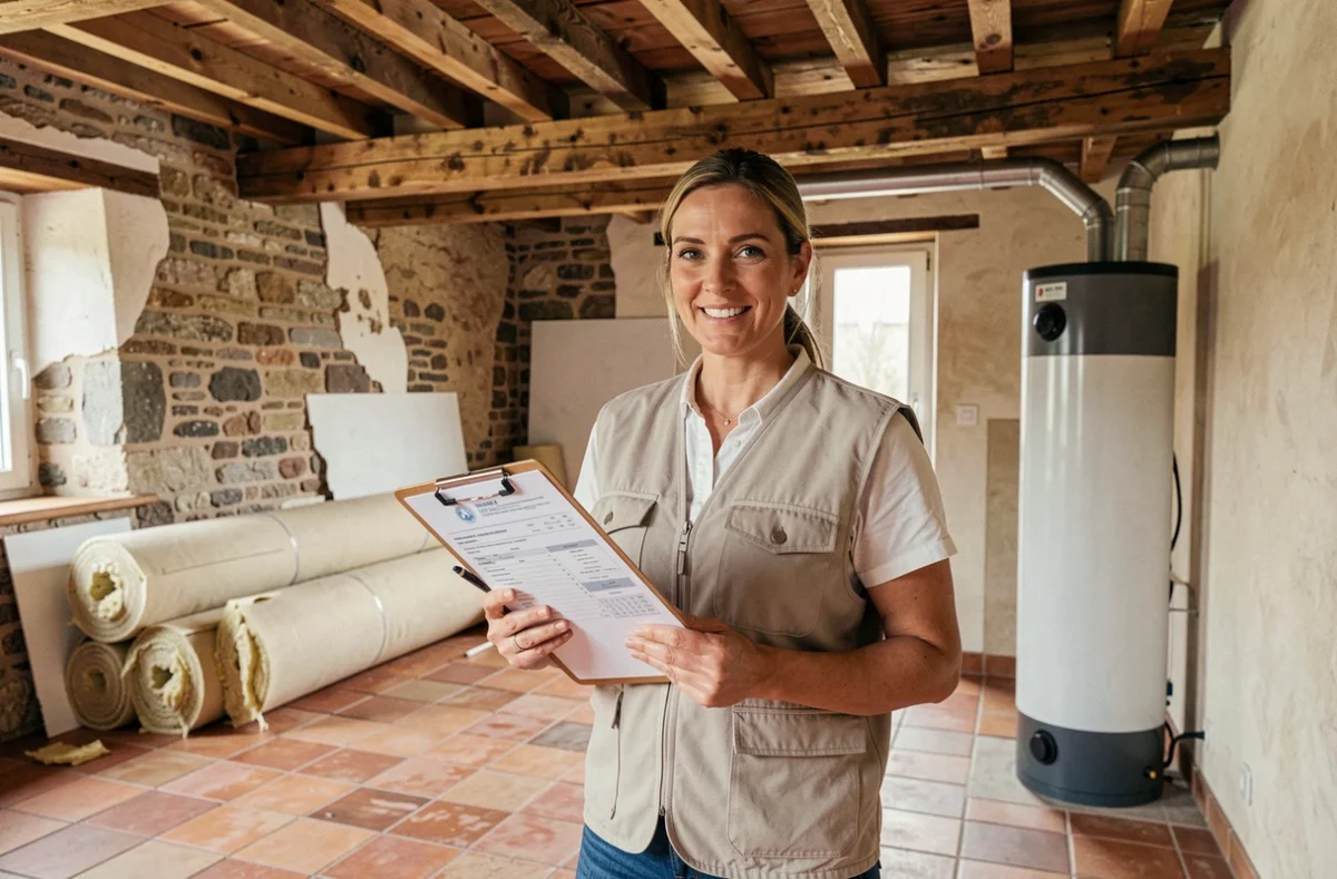 Conseillère en rénovation énergétique inspectant une maison de campagne en cours de travaux