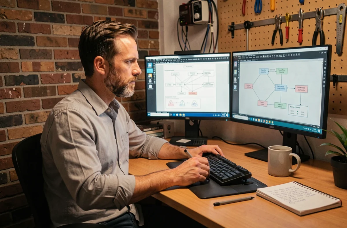 Homme concentré devant deux écrans affichant des diagrammes d'architecture numérique et de systèmes organisationnels dans un espace de travail moderne